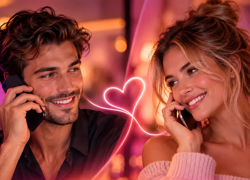 Illustration : un homme et une femme se parlent au téléphone en souriant